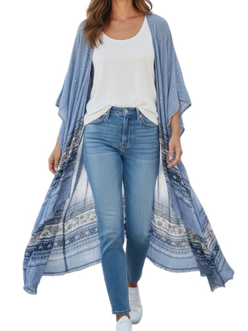 American Eagle Raw Fray Light Blue Patterned Duster Kimono One Size - Picture 9 of 9